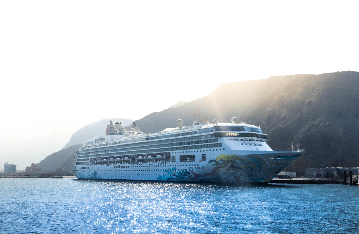 Resorts World Cruises ship anchored off the Musandam coast